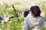 Young Woman With Mountain Bike Stretched On The Field Stock Photo