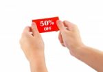 Hands Holding 50 Percent Off Card Stock Photo