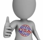 Made In Usa Stamp On Man Shows Excellent American Products Stock Photo