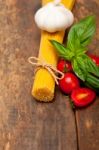 Italian Spaghetti Pasta Tomato And Basil Stock Photo