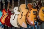 Electric Guitars On Display In A Music Shop Stock Photo