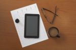 Offee On Worktable Covered With Documents Close Up Stock Photo