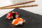 Salmon Nigiri With Salmon Roe Stock Photo