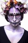 Halloween Model With Rhinestones And Wreath Of Flowers Stock Photo