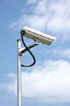 Cctv Camera On Blue Sky Background Stock Photo