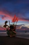 Long Tail Boat At Dusk.long Exposure Technique Stock Photo