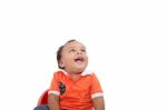 Baby Laughing Over White Background. Active One Year Child Stock Photo