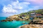 Haedong Yonggungsa Temple And Haeundae Sea In Busan, South Korea Stock Photo