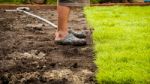 Man Feet Across From Soil To Grass Stock Photo