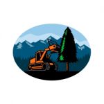 Forestry Mulcher Tearing Tree Oval Retro Stock Photo