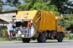 Garbage Truck Rear End Loader Stock Photo