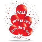 Red Balloons With Sale Isolated On White Background. Discount For Sale On A Balloons Concept Stock Photo