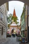 View Along A Side Street In Krumlov Towards The Monastery Of Min Stock Photo