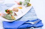 Vietnamese Spring Rolls With Vegetables And Coriander On A Plate Stock Photo