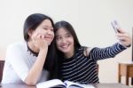 Two Asia Thai Teen Best Friends Girls Make Picture Selfie Pic Stock Photo