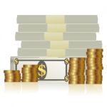 Currency Notes And Dollar Coins Stock Photo