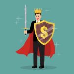 King Businessman With Shield And Sword Stock Photo