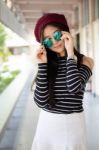 Portrait Of Thai Teen Glasses Beautiful Girl Relax And Smile Stock Photo