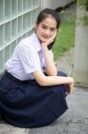 Portrait Of Thai High School Student Uniform Teen Beautiful Girl Happy And Relax, Stock Photo