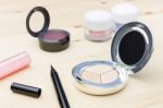 Cosmetic Foundation And Eye Liner And Eyeshadow Stock Photo