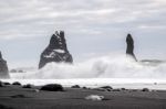 Stormy Weather At Reynisfjara Volcanic Beach Stock Photo