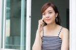 Portrait Of Thai Adult Businesswoman Beautiful Girl Calling Smart Phone Stock Photo