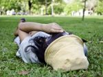 Exhausted Student Over The Grass Stock Photo