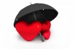 Three  Red Heart Under The Umbrella Stock Photo