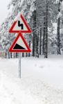 Traffic road sign in frost and snow Stock Photo