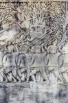 Historic Khmer Bas-relief Showing Hindu Legend Scenes At Bayon T Stock Photo