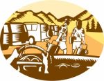 Hands On Wheel Tourist Mountain Oval Woodcut Stock Photo