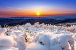 Beautiful Sunrise On Deogyusan Mountains Covered With Snow In Winter,south Korea Stock Photo