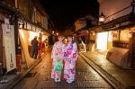 Japanese Girls With Kimono At Higashiyama Old Town Stock Photo