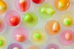 Fruit Shaped Mung Beans In Jelly Close Up In White Foam Dish, Wun Look Choup Thai Sweets Stock Photo