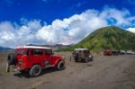 Java,indonesia-arpil 24,2017 : Tourists 4x4 Jeep For Tourist Rent At Mount Bromo In East Java , Indonesia Stock Photo