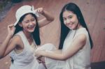 Two Asia Thai High School Student Best Friends Beautiful Girl Smile And Funny Stock Photo