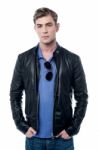 Young Man Wearing Leather Jacket Stock Photo