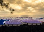 Large Umbrella Crowded Along The Beach Stock Photo