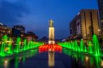 Seoul, South Korea - April 30, 2016:beautifully Color Water Fountain At Gwanghwamun Plaza With The Statue Of The Admiral Yi Sun-sin In Downtown.photo Taken On April 30,2016 In Seoul,south Korea Stock Photo