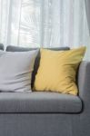 Yellow Pillow On Grey Sofa In Modern Living Room Stock Photo