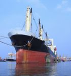 Commercial Container Ship Floating On River Port Use For Import Stock Photo