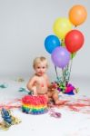 Baby Girl Celebrating Her First Bithday With Gourmet Cake And Ba Stock Photo