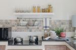 Kitchen Counter With Utensil Prepared For Cooking Stock Photo