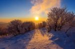 Sunrise On Deogyusan Mountains Covered With Snow In Winter,south Korea Stock Photo