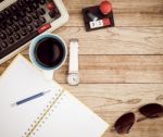 Office Desk With Coffee Background Stock Photo