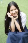 Portrait Of Thai High School Student Uniform Teen Beautiful Girl Happy And Relax, Stock Photo