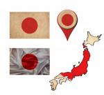 Japan Flag, Map And Map Pointers Stock Photo