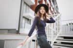 Beautiful Asian Young Woman Smiling On The City Stock Photo