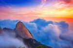 Bukhansan Mountains Is Covered By Morning Fog And Sunrise In Bukhansan National Park, Seoul In South Korea Stock Photo