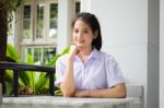 Portrait Of Thai High School Student Uniform Teen Beautiful Girl Happy And Relax, Stock Photo